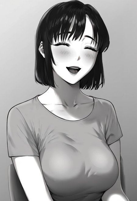 score_9_up, score_8_up, score_7_up, high quality image, masterpiece, source_anime, aimi, 1girl, greyscale, monochrome, breasts, solo, large breasts, open mouth, looking at viewer, shirt, short sleeves, collarbone, blush, bangs, smiling, closed eyes