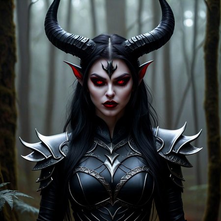 Full image is a realistic work of art featuring a demonic figure in an attractive position. It has pale skin, radiant red eyes, sharp teeth and long, black and silver hair. She has large,  demon horns curved horns that stand out from her head and ears pointed. Her facial expressions are threatened, adorned with a dark complex shield that blends into her skin, and her hands and arms are covered with claw-like accessories. The background is a dark and exotic forest with intertwined trees and dim ominous lighting which enhances the overall terrifying atmosphere of the image