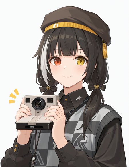 Volumetric Lighting, (masterpiece), (best quality), (ultra-detailed), masterpiece, source_anime, score_9, score_8_up, score_7_up BREAK, illustration, disheveled hair, detailed eyes, perfect composition, moist skin, intricate details, detailed eyes, detailed face, detailed fingers BREAK, heterochromia, red eye, yellow eye, black hair, low twintails, streaked hair, white hair BREAK, MonochromeJungleBird, MJB_checkered_sweater_vest, MJB_necklace,MJB_collared_shirt, MJB_beret, heterochromia, red eye, yellow eye, MJB_camera,hair bow BREAK, ((white background)),looking at viewer, smile, upper body, holding camera