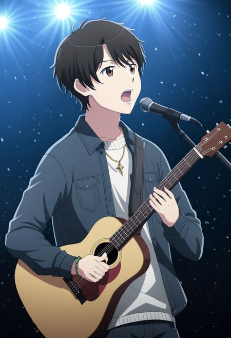 high resolution, solo, best quality, 1Boy, Inaho Kaizuka, Black Hair, Brown Eyes, singing, potrait, dept of field, virtual concert, playing musical instrument, necklace, bracelet, sneakers, OverallDetail