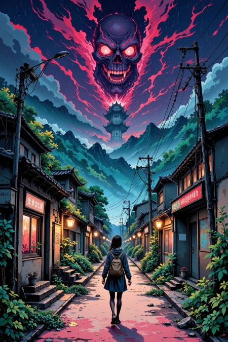 zombies outbreak in a small town beautiful  anime landscape, rainy day, woman, very intricate, very detailed, sharp, bright, colorful, <lora:Hand v2:0.5> <lora:Anti-Blur:1><lora:Insane Detail Slider:0.25>  <lora:flux.1_lora_flyway_Epic-detail_v2:0.3> <lora:fluxenhancer:0.25> <lora:ROWER:0.6> <lora:flux-charmer-v1-1:0.4> <lora:Chinese_Ink:0.6> chinese ink style