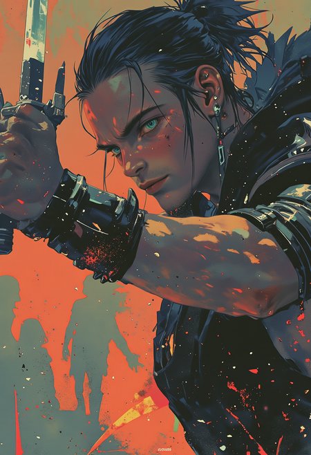 A hyper-realistic portrait, close-up of a young male Dark Eldar Wych mid-battle. His face is a study in fierce concentration, brows furrowed, his sharp, cyan eyes alight with excitement as he twirls a pair of deadly, barbed daggers. His skin is a sickly shade of pale green, glistening under the harsh, crimson light that illuminates the blood-stained arena behind him. The athletic lines of his body are accentuated by minimal, dark armor that leaves parts of his torso exposed, displaying intricate scars and tattoos that seem to writhe in the light. His hair is slicked back, drenched with sweat, and his movements are a blur of fluid grace, captured in a moment that radiates both tension and elegance. His spiked armguards glint with blood as he raises one dagger, its blade dripping with a dark, poisonous ichor. The entire scene is framed by the looming silhouettes of twisted statues, with the shadows playing across his face and lending an intensity to his expression, as if the very air pulses with the thrill of the fight., <lora:models\Flux\Luminous_Shadowscape-000016:0.65>,  <lora:models\Flux\qiu_blue_000009500:0.8>,   <lora:models\Flux\DarkCore-000003:0.65>, <lora:models\Flux\Fantastic Realism - s0_8 g4:0.44> f4nt4st1c,