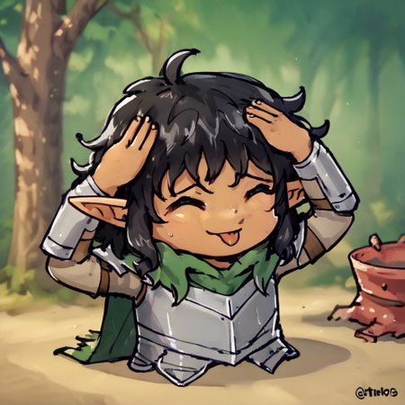 (((beautiful, high quality))), score_9, score_8_up, score_7_up, wood elf Man, 1male, brown skin, curly hair, black hair, medium hair, green cape, messy hair, posing, silver armor, golden shield crest, steel armor, armor, knight, full body, tiny body, looking to the camera, cute, closer, bleh meme, hands on own head, eyes closed, tongue out, silly