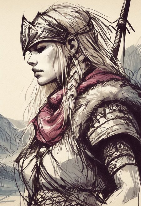 inksketch,
a young woman wearing a norse helmet holding a spear and shield, battlefield, river, blonde, braids, extreme close up, portrait,