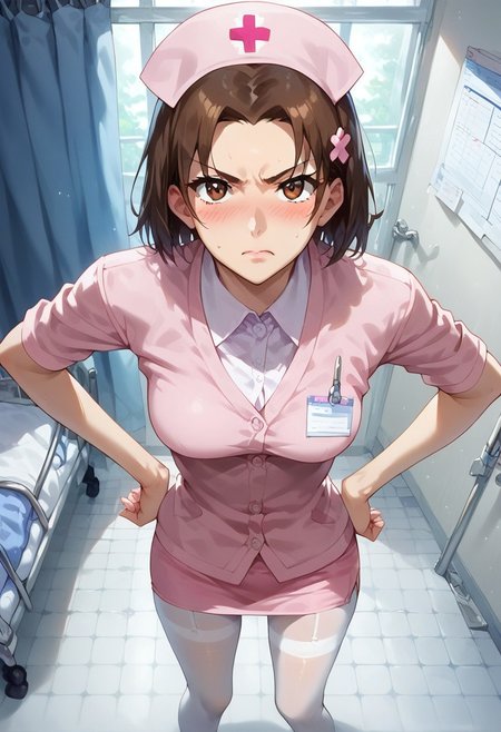 score_9, score_8_up, score_7_up, 1girl, extreme detail, solo, standing, looking at viewer, thigh gap, sexy legs, three quarter picture, pantyhose, legs apart, perfecteyes,   garter belt, hospital, inside, hospital setting, hospital bed, hands on hips, scowl, view from above, petite, skinny, slim, small breasts, Nijihara_Yayoi,1girl, brown hair, brown eyes, nurse cap, pink shirt, nurse, blush, pink skirt, purple cardigan, impossible_shirt, white pantyhose, pencil skirt