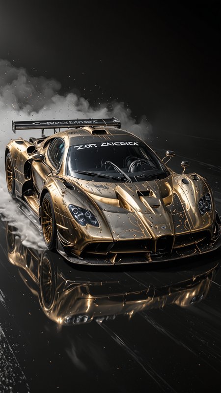 GOLD LIQUID METAL DTM "Zonda R" car, race car, racing through SILVER LIQUID METAL, liquid metal sprays up from the cars tyres, Car drifting in a black void, Epic, (Use Dream Diffusion Secret Prompt), UHD, <lora:Liquid_Fluid_Metal_XL_-_By_DICE:0.4>