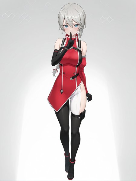 masterpiece,best quality,newest,
1girl,solo,
<lora:ADELAIDE_BLUTHAUSEN_ilxl_v1.0:1>,a_bluthausen,grey hair,blue eyes,braided ponytail,
s_garte,bare shoulders,detached sleeves,asymmetrical sleeves,asymmetrical clothes,single pantsleg,black footwear,<lora:Fixhands_anime_bdsqlsz_V1:1>,face_focus,looking_at_viewer,full body,honeycomb_background,standing,light_blush,white_background,seductive_smile,shushing,
