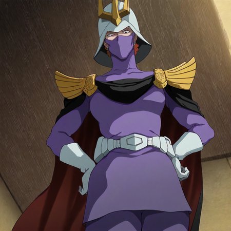 <lora:GOKycilia>,
masterpiece,best quality,good quality,newest,
from below,looking down,
solo,
GOKycilia,1girl,orange hair,helmet,mask,ninja mask,red eyes,earrings,
purple military uniform,white belt,cape,capelet,white gloves,
standing,hand on own hip,
