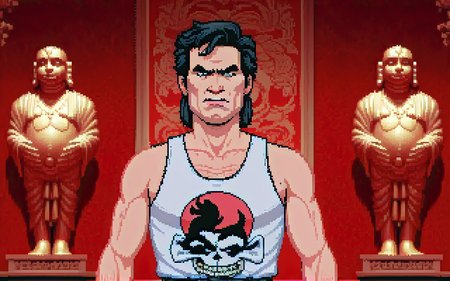 <lora:bigtroubleinlittlechina sdxl - damocles_aaa:0.9> <lora:lucasarts style:1.3> lucasarts style,
 jckburton man,wearing white tank top,denim jeans,(upper body, close-up:1.3), pixel art, 1boy, solo, game screenshot, in red room, final room, statues, 2d flat shading,