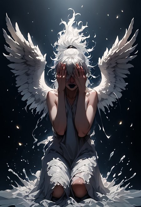 1 angel, white wings, messy white hair, hair covering eyes, blunt bangs, ponytail, black lipstick, kneeling, sorrowful, dark ethereal background, glowing embers, splashes of red