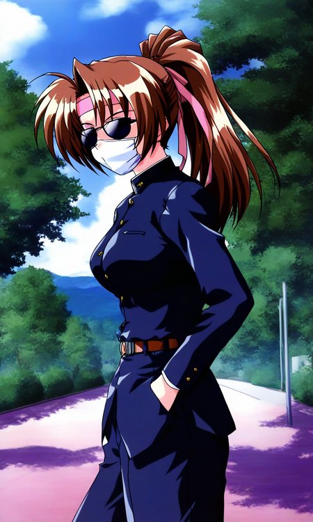 general,highres, ultra-detailed,very aesthetic,best quality ,best hands, BREAK  <lora:kudanshita_Maeka_Tokimeki_Memorial2_IS:1>
kudanshita_Maeka(Tokimeki_Memorial2), 1girl, solo, large breasts,
pink headband, outdoors, sunglasses, brown hair, mouth mask, mask, 
gakuran, ponytail, day, belt, hands in pockets,  tree,
sky, long hair, long sleeves, pants, cloud,