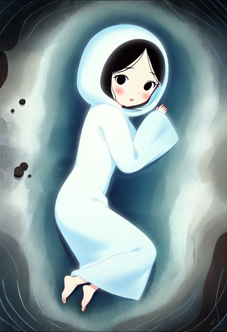 zPDXL3, source_cartoon, Perfect Hands, full body,
1girl, solo, under the sea, looking at viewer, saoirse, black hair, black eyes, blush, ghost, hood up, robe, barefoot, glowing, lying under the sea, from above, lying on side, facing at viewer, feeling cold, eyes open, peaceful emotion, open mouth, sleeve past wrist, slim body, long body, highlight cloth wrinkle, anime style, seals nearby, bubbles, 
<lora:Perfect Hands:1>  <lora:Saoirse_-_The_Song_of_the_Sea-000009:1>