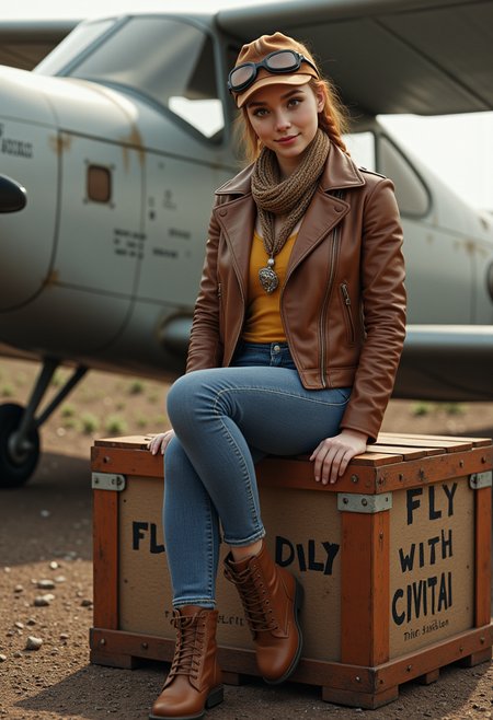 She is approximately 18 years old.she is standing, a vintage aircraft is in the background. Hyperrealism, she is looking at the camera, (dynamic angles), headshots of a beautiful, stunning unique female character. her eyes are filled with joy and excitement, extravagant eyelashes P3rf3ct_Wif3, a woman with red hair. wearing a brown leather jacket and a brown hat with goggles and denim blue jeans and brown boots. is posing on a large wooden crate. She is posing for the camera, while sitting on a large crate. On the crate is written "fly with CivitAI". She is wearing a scarf and has a braid. The photo is in a sepia tone, giving it a vintage feel. The background is blurry, focusing on AGDV2_nokrea as the main subject. She has a slight smile on her face and is looking directly at the camera. making this image a masterpiece of photography and digital art. realistic. making this image a masterpiece of photography and digital art. Style: realistic hyper-detailed rendering, 32k UHD, expressive eyes, punk, graphic design, girl's face, pretty and cute, gleaming lips, telling a tale of adventure. Exuding confidence and serenity. The overall mood of the image is happy and relaxed,detailed skin texture,(blush:0.2),(goosebumps:0.3),subsurface scattering,whimsical,Detailed hand, Perfect hand. Perfection style. The scene is set outdoors, with a vintage plane visible in the background. The photo is taken in a close-up shot, focusing on P3rf3ct_Wif3 legs and feet.
