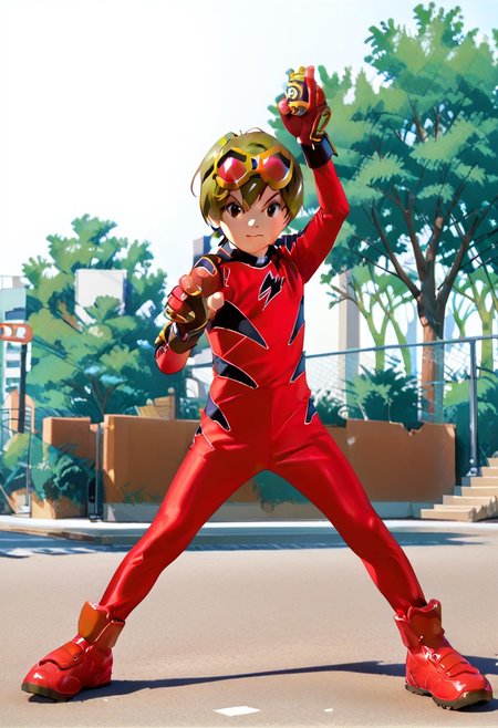 score_9, score_8_up, score_7_up, zPDXL2, 
1boy, solo, goggles on head, brown hair, 
,standing on park,henshin pose,
geki red, red bodysuit, black markings,   red gloves, red boots,