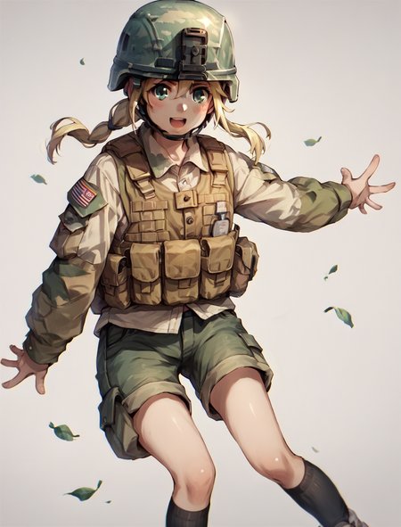 score_9, score_8_up, score_7_up, score_6_up, score_5_up, source_anime, AmericanSoldier, 1girl, solo, looking at viewer, blush, smile, open mouth, blonde hair, simple white background, shorts, aqua eyes, kneehighs, helmet,  <lora:AmericanSoldierV2:1>