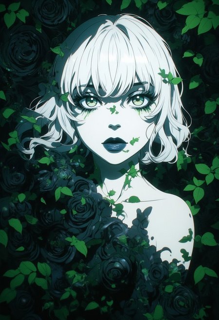 An Acrylic style painting that is expressive, gives it a dynamic and emotional quality. Anime art of a stylized portrait of a woman with a ethereal black and green mist surrounding her body. The mist creates a dramatic and surreal effect. The woman has a cold aesthetic, complimented by her white hair. Anime art of woman draped in shadows with a lighting that enhances her unique features.
The background is dark green, filled with black rose petals.