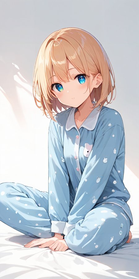 score_9, score_8_up, score_7_up,source_anime, high res image,masterpiece,best quality,girl,cute face,clear skin,shiny hair,ultra detailed eyes,simple background, <lora:pajamas_pony_V2.0:1> jyojifuku, pajamas