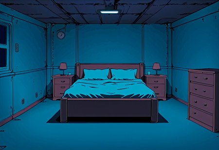 metal ship's master bedroom with four blank walls, underground, blue color, vivid color, no windows, thick lines, solid walls, clean and tidy, old room, furnished king-size bed, ship bedroom, grunge, anime screencap in vwst artstyle, lineart, flat colors, high-definition 8k, best quality, high quality, ultra-detailed, vector, simple details, outlines