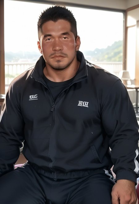male focus,bara,facial hair,muscular male, pectorals, muscular, beard, large pectorals, huge nipples, covered nipples, short hair , mature male, thick thighs , erection, arm hair, stubble, blush, thick eyebrows, looking at viewer, black hair, sideburns, chest hair, score_9, score_8_up, score_7_up, score_6_up, score_5_up, score_4_up, erected penis, (((htkangface))), East Asian face,  sweaty, hairy armpits,  red track pants, penis through pants, open clothes, open jacket, red track jackets, sitting on the chair, indoors, heavy breathing, moaning, zoom in face, close up portrait