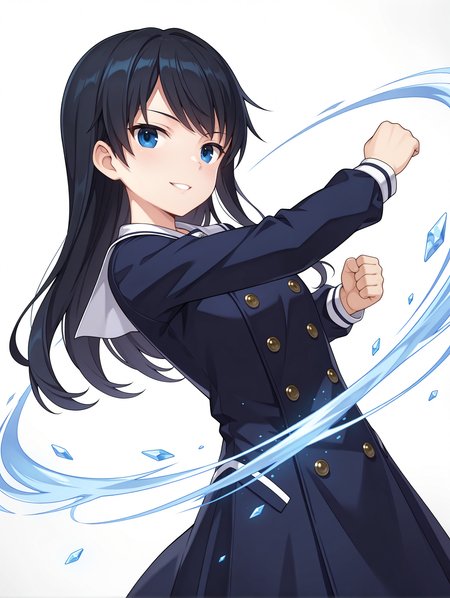 masterpiece,best quality,newest,
1girl,solo,
<lora:k_mutsumi_ilxl_v1.0:1>,k_mutsumi,black hair,long hair,blue eyes,
aizumi,blue dress,long_sleeves,double-breasted,
magic,fist,cold,ice,clenched fist,
<lora:Fixhands_anime_bdsqlsz_V1:1>,dynamic_angle,cinematic_angle,looking_at_viewer,standing,posing,simple_background,white_background,upper_body,face_focus,parted lips,expressionless,grin,