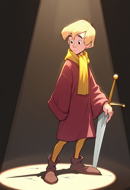 masterpiece, absurdres, high quality, perfect anatomy, 1boy, solo, cute boy, male focus, Arthur, Blonde Hair, Black Eyes, Red Robe, Yellow Scarf, Tan Leggings, Brown Footwear, awed Expression, Sword, Holding Sword, Holding Weapon, Sword in Stone, spotlight, dynamic lighting, sword planted, sword in ground
