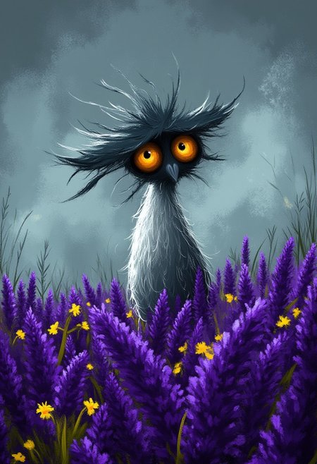 A whimsical illustration of a lanky, anthropomorphic rooster character in dark whimsical art style, dramatically posing in a steaming purple lavender field with scattered yellow daffodils, digital painting with expressive brushstrokes showing textured feathers and wild crest, misty twilight meadow background, characteristic Tim Burton inspired design with enormous amber eyes that glow with mysterious intensity
