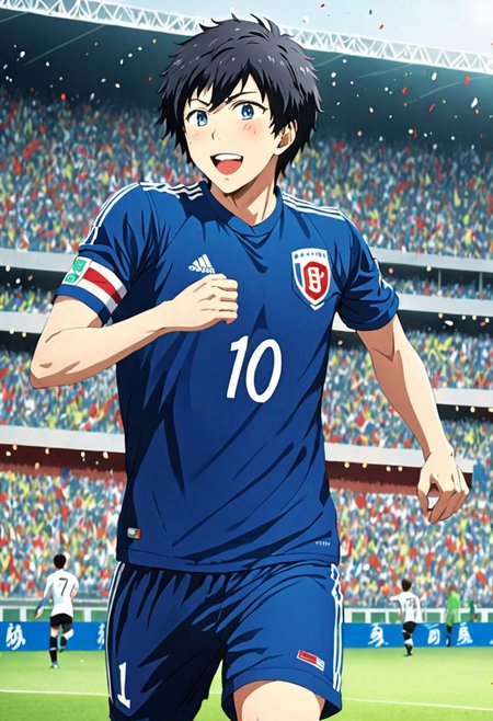 high resolution, solo, best quality, 1Boy, Arata Kaizaki, Black Hair, Blue Eyes, soccer player, field, portraits, sport photography, celebration, OverallDetail