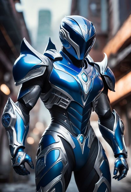 The Blue Power Ranger's helmet is dolphin-inspired with a dark visor and fin-like protrusions. The suit is deep ocean blue with silver accents, a stylized emblem on the chest, flexible arms, and wave-like patterns on the legs. Gloves are light blue with silver tips, and boots are sturdy. cyberpunk art style, Shounen Anime Style, cyberpunk alien city background, full--body, highly--detailed, bokeh--focus, soft Analogous colors, extremely wide-angle, FastNegativeV2, <lora:fightingpose:0.7> squat, fighting pose, knee on ground,