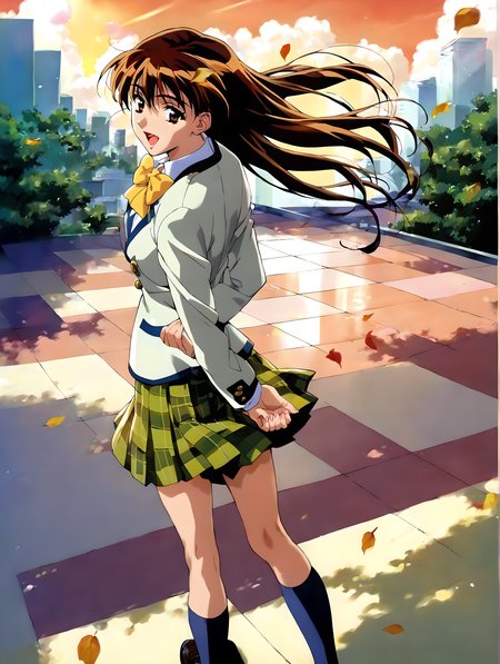 <lora:pony_xl_ryoko:0.8>,ryoko,score_9,score_8_up,score_7_up,source_anime,1girl,solo,looking at viewer,school uniform,blazer,white jacket,long sleeves,buttons,yellow bow,bowtie,pleated skirt,plaid skirt,green skirt,miniskirt,kneehighs,blue socks,black footwear,city,looking_at_viewer,looking_back,laughing,standing,arms_behind_back,hair fluttering in the wind,available light,nature,the dappled sunlight that filters through the leaves of trees,sunny weather writing,against backlight at dusk,lens_flare,