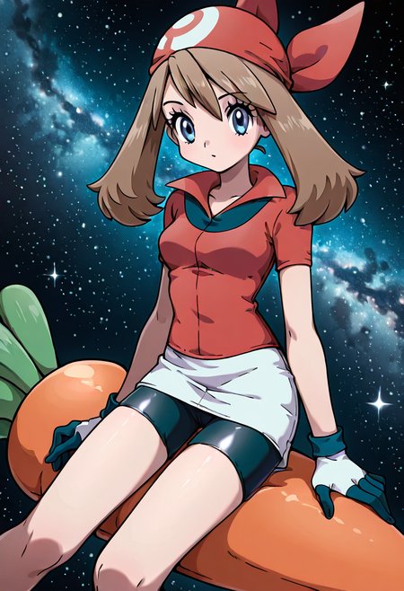 masterpiece, best quality, 1girl, solo, eyelashes, (beautiful eyes),   may (pokemon), 1girl, bandana, bike shorts, red bandana, gloves, skirt, space, sitting on a big floating carrot, stars,   ,<lora:LittleMyMay_KarotConCarneIL:1.0>,