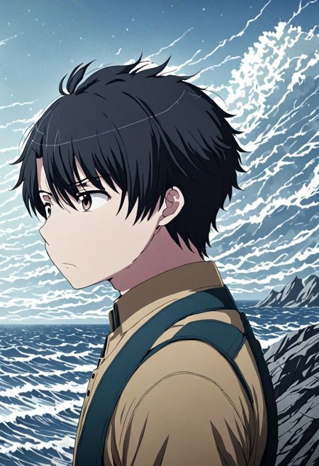 high resolution, solo, best quality, 1Boy, Inaho Kaizuka, Black Hair, existential longing, fantasy background, strong wind, OverallDetail
