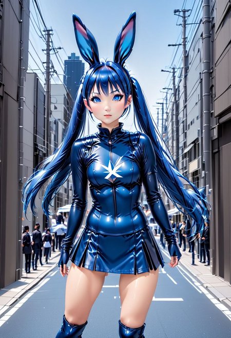 Bunny Goddess Blue Idoru. A beautiful young Japanese woman. Petite and slender. She has blue eyes and blue hair in twin-tails. She is wearing a skimpy bunny suit. Cute idol pose on a city street.