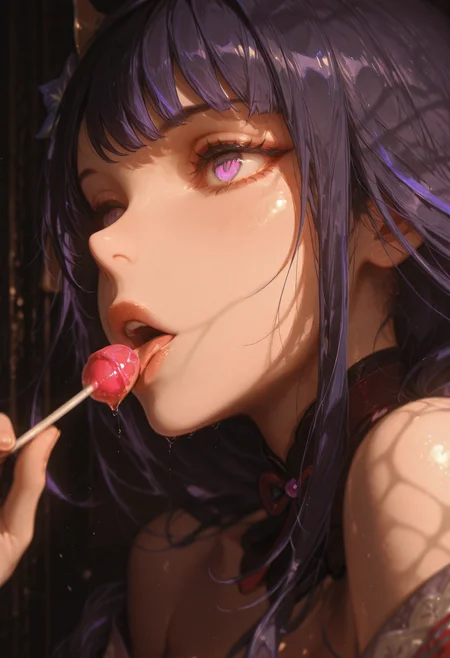 raiden shogun \(genshin impact\), red dress, Close-up, face focus, licking lollipop, detailed eyes,  
BREAK
(Smooth Quality - Illustrious:0.8), masterpiece,best quality,amazing quality, absurdres, ultra-HD, 8k, fit body, raytracing, soft lighting, volumetric lighting, ambient occlusion,absolutely eye-catching, highest quality, usnr, (cinematic composition:1.3), depth of field, (adult), wide eyes, (mature female:1.2), very aesthetic, smooth image, (detailed face and eyes), mesmerizing gaze, motion lines, action lines, sharp focus, 
<lora:illustrious_quality_modifiers_masterpieces_v1:1> <lora:USNR_STYLE_ILL_V1_lokr3:0.5> <lora:FINALE:0.2> <lora:MoriiMee_Gothic_Niji_Style_Illustrious_r1:0.6> <lora:MGE_V5.2_IL:0.5> <lora:ponyv6_noobE11_2_adamW:0.4>