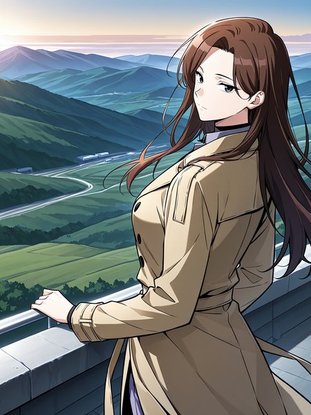 <lora:Omniscient_Readers_Viewpoint__Lee_Sookyun:1>
1 girl, solo, long hair, brown hair, straight hair, center parted hair, black eyes, 
beige trench coat, long coat, double breasted coat, tied waist belt, black undershirt, navy dress shirt, lavender pants, white slip-on shoes,
score_9, score_8_up, score_7_up, source anime, BREAK, cowboy shot, (from side), looking back, looking at viewer, overlooking mountain, high altitude, scenery, exterior, background