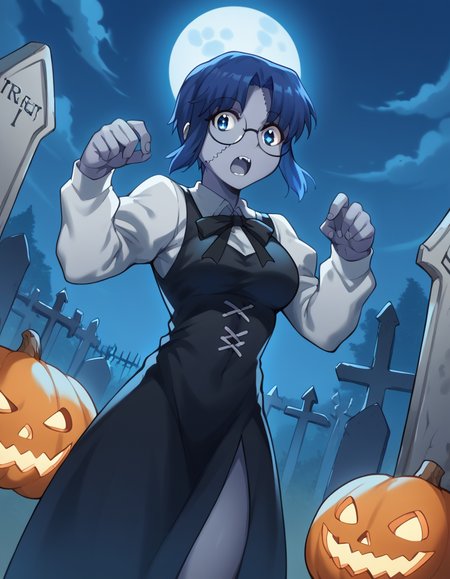 score_9, score_8_up, score_7_up, source_anime, <lora:carnivalphantasm-ciel-ova-ponyxl-lora-nochekaiser:1>, ciel, short hair, blue hair, blue eyes, glasses, ciel (tsukihime), large breasts,, <lora:zombie-ponyxl-lora-nochekaiser:1>, zombie, colored skin, stitches, grey skin, multicolored skin, stitched face, zombie pose, halloween, halloween costume,, night, moon, graveyard, tombstone, grave, open mouth, , dutch angle, cowboy shot
