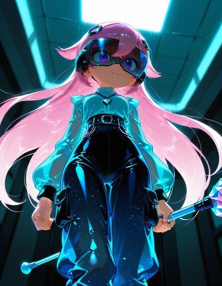 . masterpiece, best quality, amazing quality, very aesthetic, absurdres, newest, scenery, highres, high detail, safe, sfw, from below, volumetric lighting, w0gf1l, 
1girl, CivChan, purple eyes, pink hair, hair_between_eyes, upset, transparent flowy upper body clothing,  sonic soundwave titanium mesh, icosahedron, polycarbonate roofing, dolman sleeves, high-low hemline, empire waist, peplum hem,,waistband,,cargo pockets,,cross-back, slim lower body clothing, ar nanomaterial,   relaxed fit, natural waist, two-piece set, tie closure,,oil wash,,statement necklace,,lace trim,,belt loops,,placement print made of tiny neon glass filaments, holding Staff of Void made of tiny neon glass filaments, Swaying hips side to side, in Virtual reality classroom with immersive learning simulations., 
, , , 
, <lora:CivChan_SDXL:1>,<lora:hand 5.5:1>,<lora:Dynamic Poses:1>,<lora:World_of_Glass_Filament:1.4>