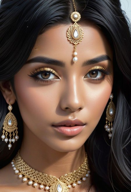 goddess of beauty and love, indian, sharp focus, long black hair complex hairstyle, grey eyes, by WLOP, intricate detail, with gold chain and jewelry, high contrast