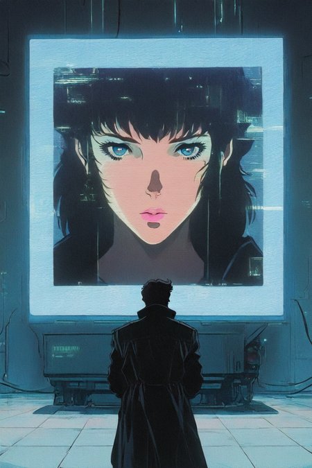 1boy, solo, alone, trench coat, black coat, from behind, 1girl, girl on screen, projection, hologram, large screen , <lora:retro_neon_cyberpunk_illustriousXL_by_zura_janai-000029:1>, retro_cyberpunk, retro, retro artstyle, masterpiece, highres