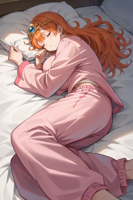 score_9, score_8_up, score_7_up, score_6_up, source_anime, 1girl, solo  <lora:dqlaura-pdxl-nvwls-v1-000005:1> dqlaura, orange hair, tiara, big breasts, pink pajamas, loose clothes, pink pajama pants, lying on side, bed, pillow, sleeping