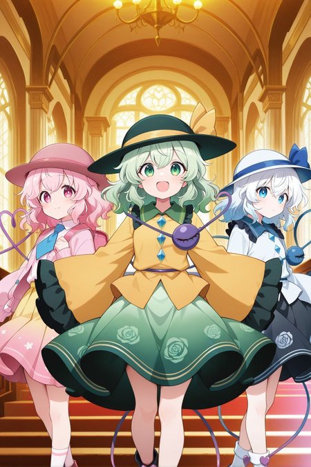 3girls, dynamic pose, indoors, looking at viewer, mansion, alongside, side by side, BREAK
absurdres, highres, masterpiece, best quality, amazing quality, official anime artwork, screencap, anime screencap, <lora:Komeiji-Koishi_IllustriousV2:1>  BREAK
komeiji koishi, 1girl, solo, pink eyes, pink hair, long hair, third eye, heart of string,, komeiji koishi \(blossomed eyes of love\), alternate color, alternate costume, alternate eye color, alternate hair color, brown hat, blue necktie, pink cardigan, collared shirt, white shirt, long sleeves, yellow skirt, pleated skirt, gradient skirt, print skirt, pink skirt, 
BREAK
komeiji koishi, 1girl, solo, green eyes, green hair, medium hair, third eye, heart of string,, green hat, hat ribbon, yellow ribbon, frilled shirt collar, yellow shirt, long sleeves, wide sleeves, diamond button, rose print, green skirt, open mouth, 
BREAK
komeiji koishi, 1girl, solo, blue eyes, white hair, wavy hair, medium hair, third eye, heart of string, blue string,, komeiji koishi \(spontaneous white beauty\), alternate hair color, white hat, hat bow, hat ribbon, blue ribbon, blue bow, white shirt, wide sleeves, long sleeves, frilled sleeves, diamond button, black skirt, rose print,