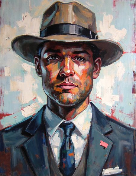 ssf_4bstr4ct painting of a mans portrait, wearing a suit and a hat, rough paint with expressive brushstrokes