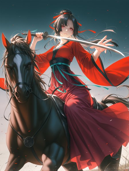 (tidsean:0.9),(misyune:1.1),wanke,(wlop:0.8),(reoen:0.9),[rei \(sanbonzakura\):0.9],suihei sen,
1girl,solo,medium breasts,hanfu,long hair,
looking at viewer,hair ribbon,hair up,riding,horse,dutch angle,holding sword,aiming at viewer,frown,from below,fighting stance,(battle:1.2),
,masterpiece,best quality,amazing quality,