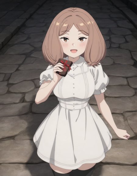 masterpiece, best quality, newest, absurdres, highres, safe,, <lora:mage-edel-s1-illustriousxl-lora-nochekaiser:1>, edel, brown hair, brown eyes, medium hair, medium breasts, anime screencap, thighhighs, dress, black thighhighs, white dress, short sleeves, puffy sleeves, puffy short sleeves, stone walkway, historic, path, cobblestone, footpath, smile, chocolate, holding, holding chocolate, holding food, food, looking at viewer, open mouth, blush, smile, school uniform, looking at viewer, solo,, cowboy shot, solo