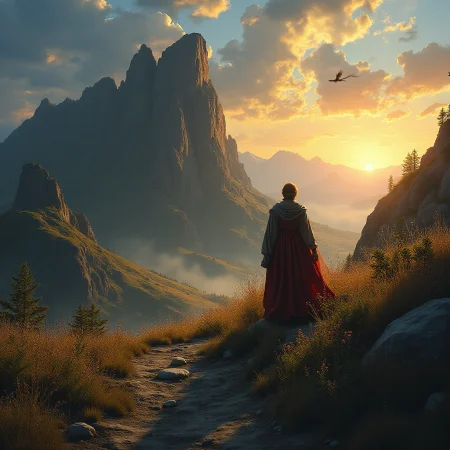 A lone disciple of fallen mage looks at the mountain where dragon lives. Day.