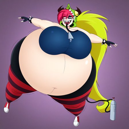 demencia, red hair, green ponytail, striped thighhighs, single striped sock, anklet, green monster hood, yellow eyes, sharp teeth, dark blue hoodie, single striped sleeve, red sneaker, blue sneaker, black skirt, smile, eyeshadow, spiked bracelet, zipper pull tab, torn pantyhose, glove, tongue out, clothed, inflating, floating, body inflation, breast expansion, inflated arms, inflated legs, leaning forward, helium tank, hose in mouth, by truegrave9 <lora:InflationXL-02-PonyXL-e050:1>