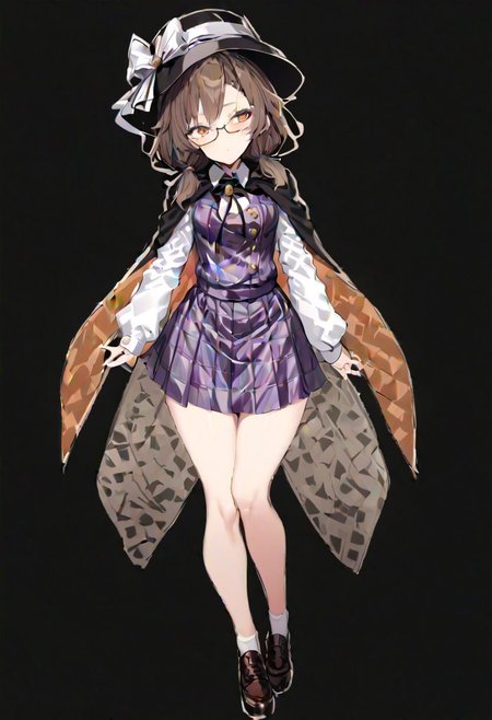 masterpiece, best quality, ultra-detailed, beautiful, nai3, 1girl, solo, full_body, tachi-e, 
usami_sumireko, 1girl, hat, hat bow, brown hair, low twintails, glasses, brown eyes, cape, boo tie, plaid vest, shirt, plaid skirt, long sleeves, clothes writing, bolo tie,