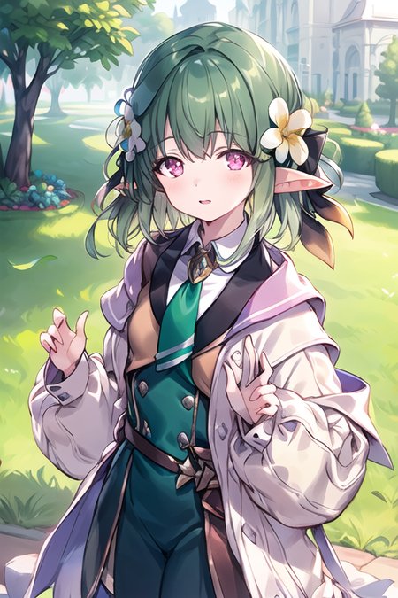 masterpiece,best quality,1girl, solo, pointy ears, pink eyes, hair ornament, green hair, hair flower


 <lora:Castelle:0.8>