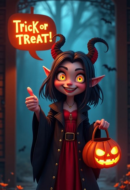 close up cinematic photo, a cute vampire lady, happy facial expression, (looking at the viewer), holding a pumpkin shaped bucket, thumbs up, speech bubble saying ''Trick Or Treat!'', night time, woods, at doorstep,  highly detailed, illustration, high quality, clear, 4k,