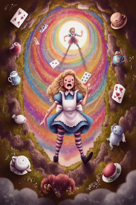 illustration.
Overhead view of Alice in Wonderland falling into the rabbit hole, with her legs dangling beneath her. She is looking upward, her face filled with shock and terror as she screams. Her blue dress and white apron billow out around her as she tumbles, while her striped stockings and black shoes are visible below. The rabbit hole is a swirling, chaotic mix of vibrant colors, playing cards, teacups, and other Wonderland objects floating around her. Soft glowing light emanates from the tunnel walls, adding an eerie, fantastical feel to the scene. The sense of motion and fear is palpable as Alice falls deeper into the unknown.  <lora:alicesa1_cap_d6a3:1.0><lora:830715021144245806:0>