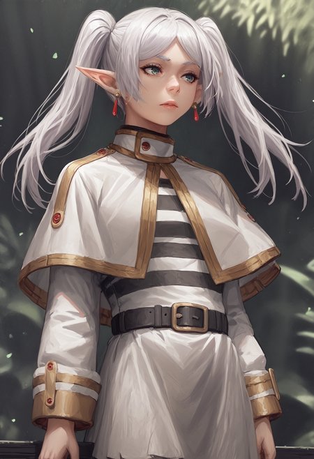 score_9, score_8_up, score_7_up, 1girl
<lora:guweiz_style_pony:1>
BREAK
score_9_up score_8_up score_7_up, nereirfpnxl, frieren, pointy ears, twintails, earrings, elf, parted bangs, white hair, white capelet, capelet, long sleeves, white skirt, belt, striped shirt
<lora:others_frieren_nereirfpnxl_pony_v2:1>
